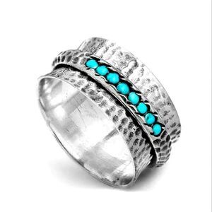 Boho Style Wide Ring Hammered Inlaid Turquoise Rotatable Design For Releasing